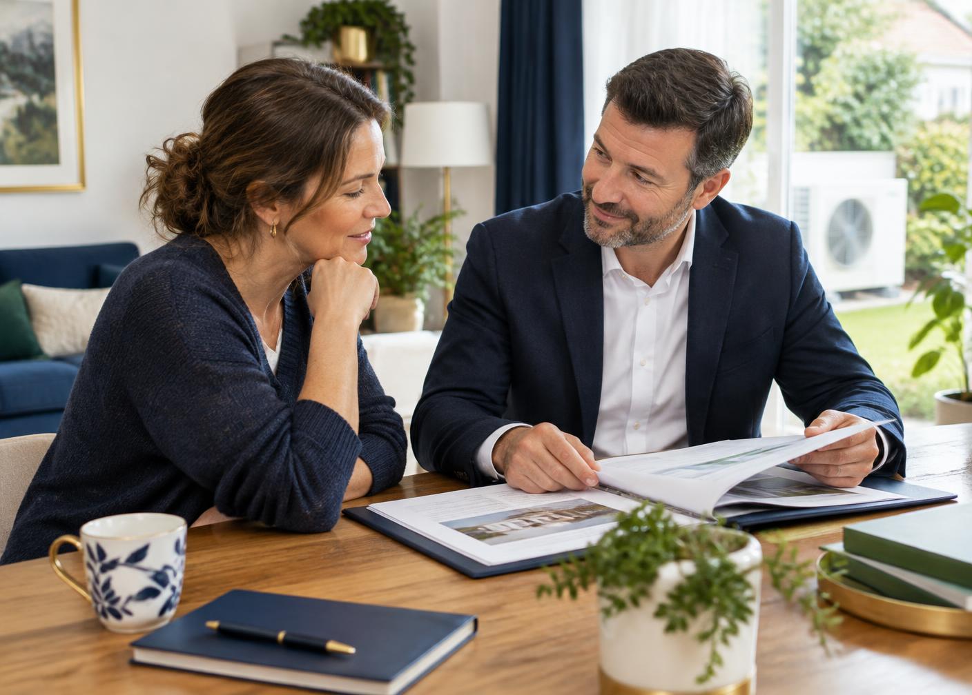 Conseiller reprenant un dossier de travaux avec une propriétaire