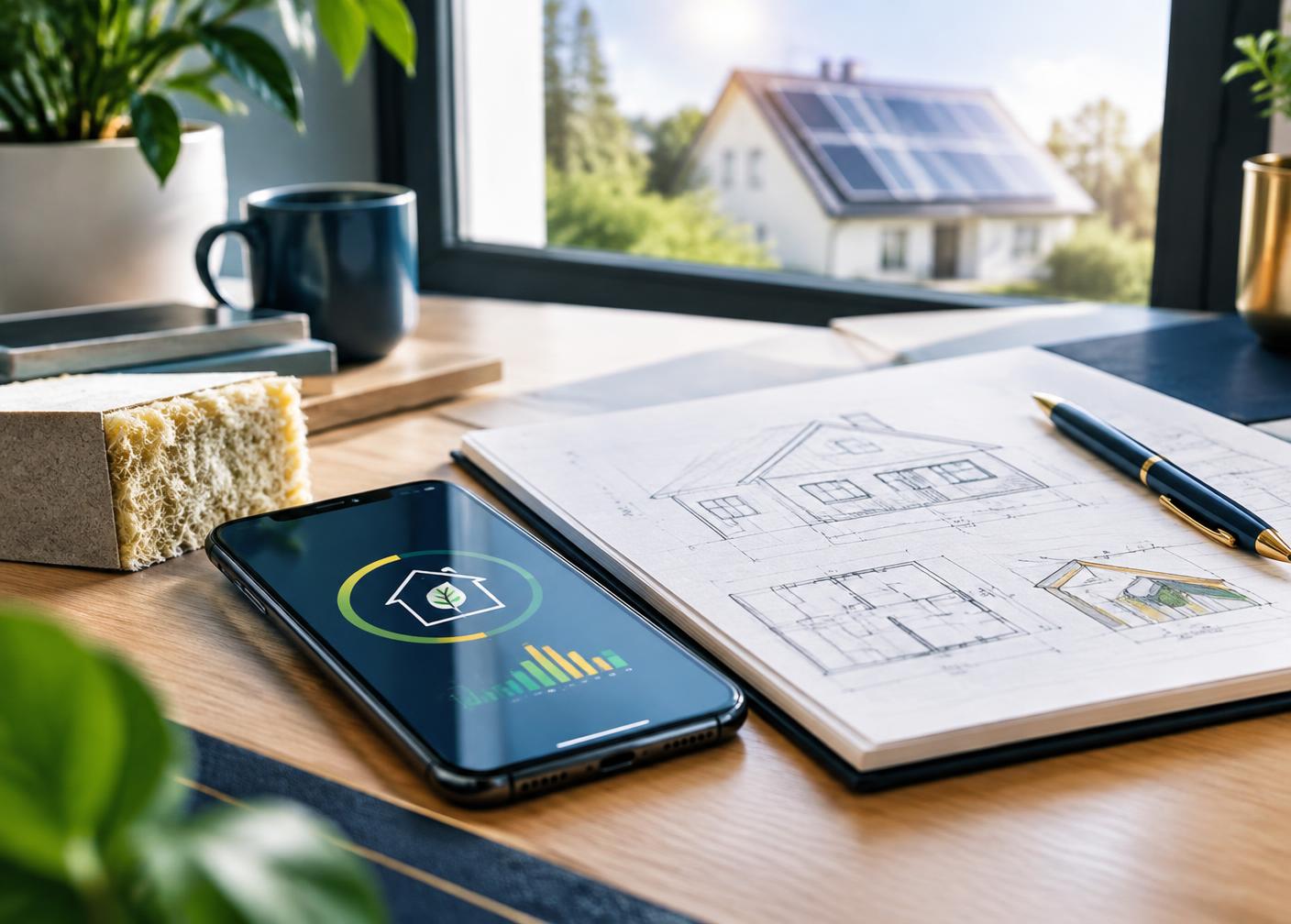 Téléphone et dossier d’un projet de rénovation énergétique