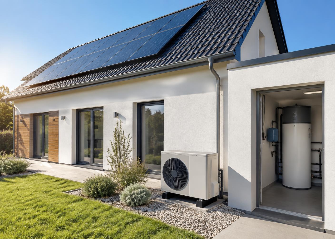 Maison équipée de panneaux solaires, d’une pompe à chaleur et d’un ballon thermodynamique